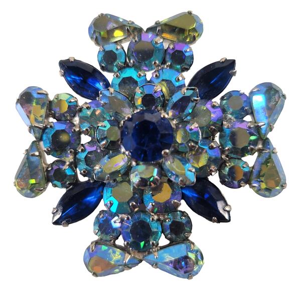 Aurora Borealis Rhinestone Brooch Pin Blue Hues Large  2.31” Sparkle AB Glam - Picture 5 of 9